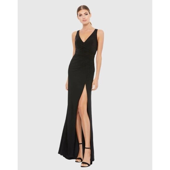 MAC DUGGAL Size 0 Black 26513 FAUX WRAP SLEEVELESS V-NECK GOWN Prom Dress New - Picture 1 of 11